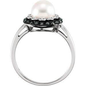 14k White Gold Freshwater Pearl & Black and White Diamond Ring + FREE Shipping