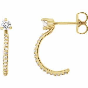 14K Yellow Gold Round Forever One Moissanite and 1/6 ctw Diamond Earrings J Hoop