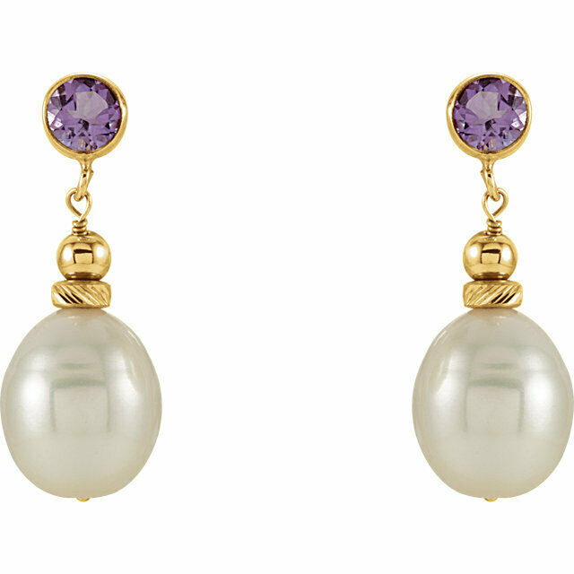 Freshwater Pearl and Genuine Amethyst Dangle Earrings 14kt Yellow Gold