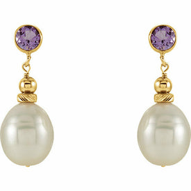 Freshwater Pearl and Genuine Amethyst Dangle Earrings 14kt Yellow Gold