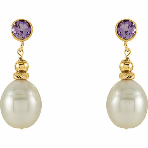 Image of Freshwater Pearl and Genuine Amethyst Dangle Earrings 14kt Yellow Gold