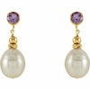 Freshwater Pearl and Genuine Amethyst Dangle Earrings 14kt Yellow Gold