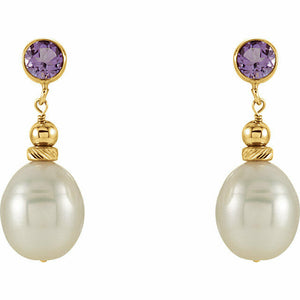 Freshwater Pearl and Genuine Amethyst Dangle Earrings 14kt Yellow Gold