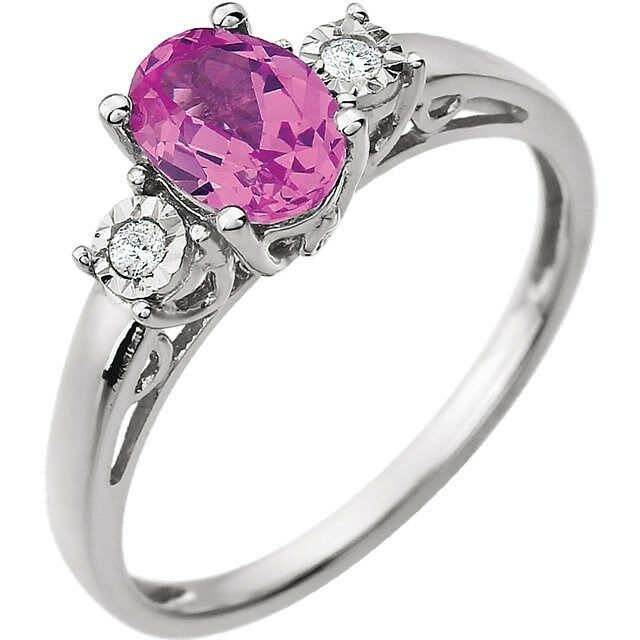14k White Gold Oval Created Pink Sapphire and .04 ct.tw. Genuine Diamond Ring