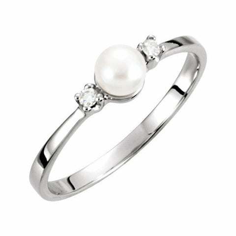 Image of 4.5mm Akoya Cultured Pearl and Diamond Ring Three Stone 14kt White Gold Size 6