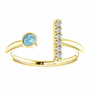 14k Yellow Gold Genuine Aquamarine and .06 ctw Diamond Bar Fashion Ring Size 7