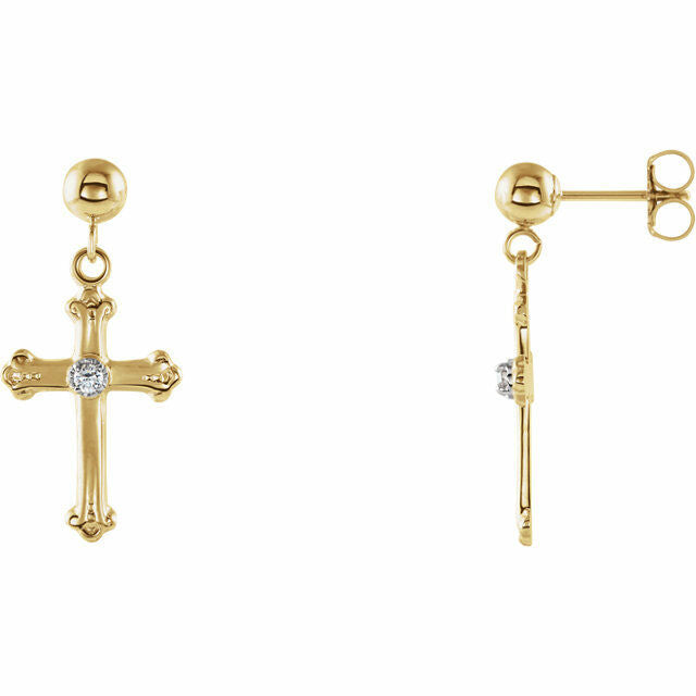 14kt Yellow Gold Diamond Accented Cross & Ball Dangle Earrings Religious Jewelry