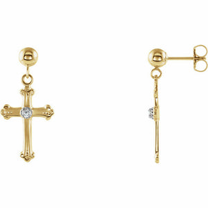 14kt Yellow Gold Diamond Accented Cross & Ball Dangle Earrings Religious Jewelry