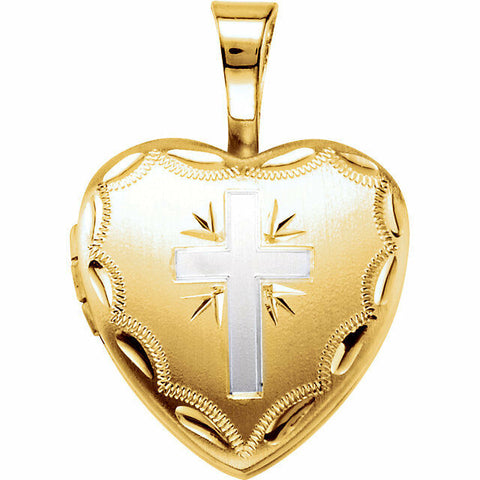 Image of Two Tone Cross Heart Locket Gold Plated over Sterling Silver 12 x 12.5mm New