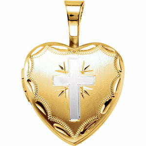 Two Tone Cross Heart Locket Gold Plated over Sterling Silver 12 x 12.5mm New