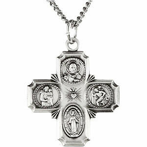 Image of Four Way Cross Cruciform Pendant Medal w/ 24" Chain Sterling Silver Necklace