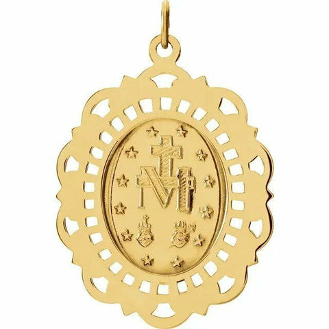 Image of 32x23mm 14kt Yellow Gold Miraculous Mary Pendant Oval Filigree Religious Medal