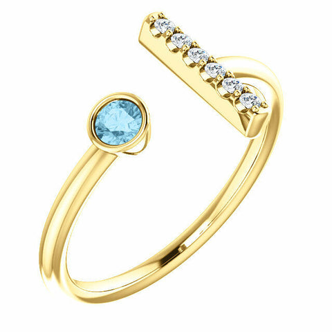 Image of 14k Yellow Gold Genuine Aquamarine and .06 ctw Diamond Bar Fashion Ring Size 7