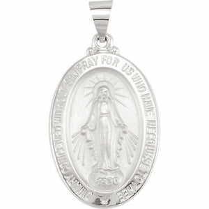 14K White Gold 25x18mm Oval Miraculous Mary Pendant Medal w/ Traditional Back