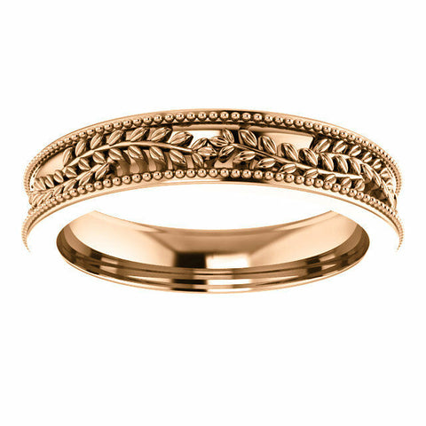 Image of SIZE 8 - 14K Rose Gold Vine and Leaf Design Wedding Band 3.65mm Wide Ring