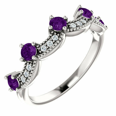 Image of SIZE 7 - Genuine Amethyst and .06 CTW Diamond Crown Ring in 14kt White Gold