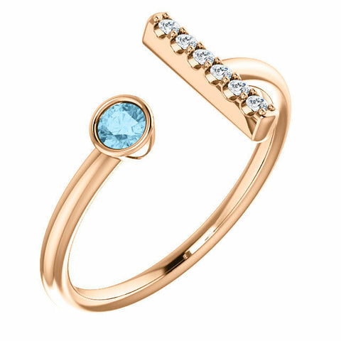 Image of 14k Rose Gold Genuine Aquamarine and .06 ctw Diamond Bar Fashion Ring Size 7