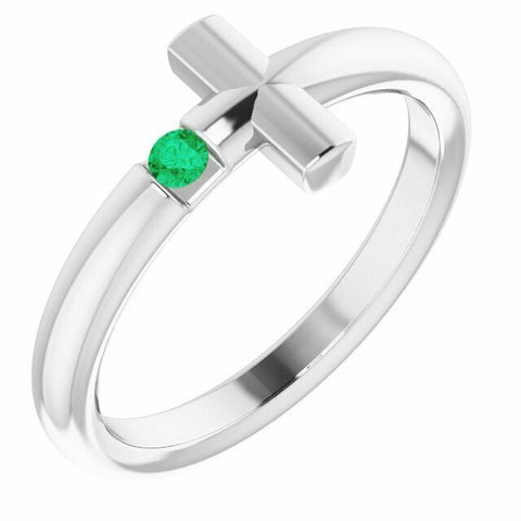 Image of Size 7 - 14K White Gold Emerald Sideways Cross Ring Religious Birthstone Jewelry