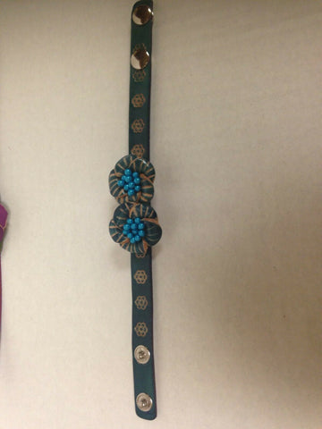 Image of Handmade Double Blue Flower Leather Bracelet Two Snap Closure Unique Gift Idea