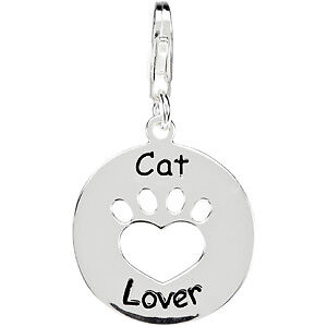 Image of Sterling Silver Heart U Back CAT LOVER Paw Charm or Pendant NEW