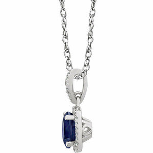 14K White Gold Created Blue Sapphire and 1/8 CTW Diamond 18" Inch Necklace