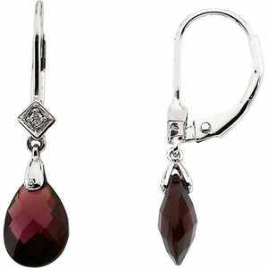 14k White Gold Genuine Brazilian Garnet Briolette & Diamond Lever Back Earrings