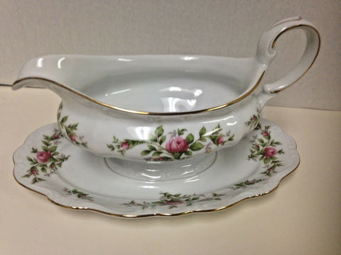 Image of Vintage Gravy Boat & Underplate Moss Rose by JOHANN HAVILAND Bavarian Backstamp