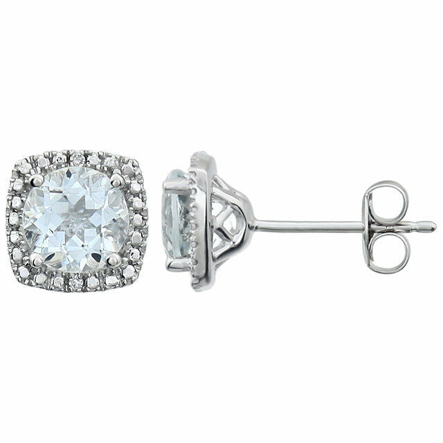 Sterling Silver 6mm AQUAMARINE & .015 ct tw Diamond Earrings Birthstone Jewelry