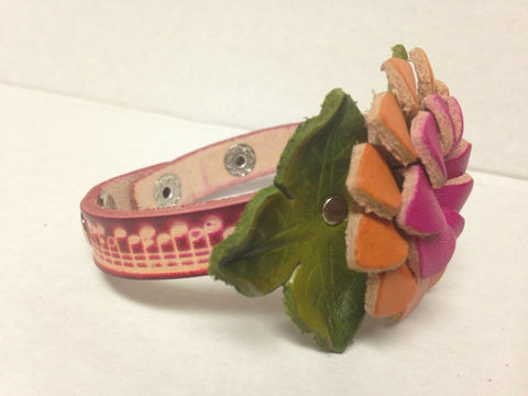 Image of Handmade Pink and Orange Flower Leather Bracelet 2 Snap Closure Unique Gift Idea