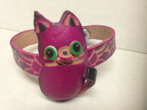 Image of Handmade Pink Cat Leather Bracelet Animal Collection with Snap Closure New