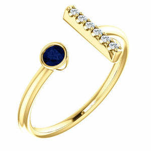 14k Yellow Gold Genuine Sapphire and .05 ctw Diamond Bar Fashion Ring Size 7