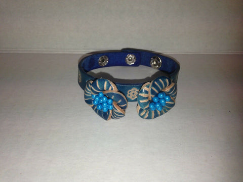 Image of Handmade Double Blue Flower Leather Bracelet Two Snap Closure Unique Gift Idea