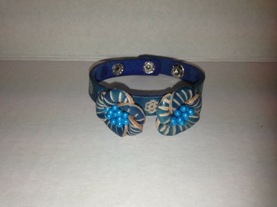 Handmade Double Blue Flower Leather Bracelet Two Snap Closure Unique Gift Idea