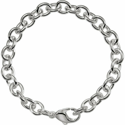 Image of 7.5 Inch Solid Sterling Silver Cable Link Charm Bracelet 8 mm Wide Lobster Clasp