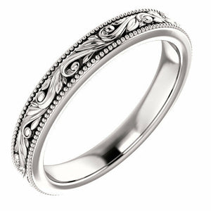 SIZE 5 - Engraved Scroll Design 14k White Gold Wedding Band 3.2mm Wide