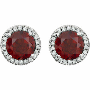 Mozambique Garnet and 1/8 CTW Diamond Earrings set in 14k White Gold Halo Style