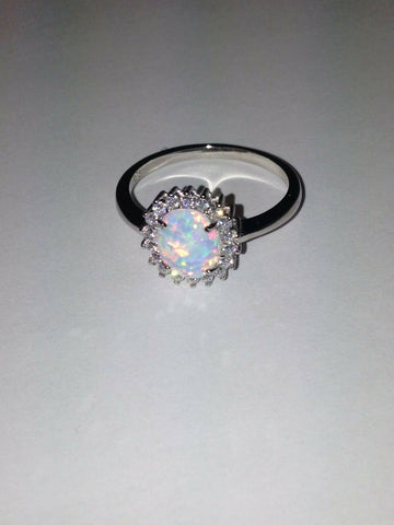 Image of Sterling Silver Lab Created Opal and CZ Cubic Zirconia Halo Style Ring Size 9