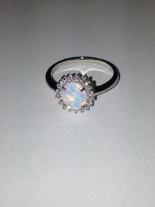 Sterling Silver Lab Created Opal and CZ Cubic Zirconia Halo Style Ring Size 9