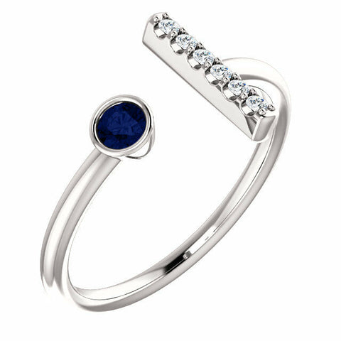 Image of 14k White Gold Genuine Sapphire and .05 ctw Diamond Bar Fashion Ring Size 7