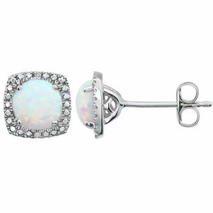 Sterling Silver 6mm Lab Created Opal & .015 ct tw Diamond Button Stud Earrings