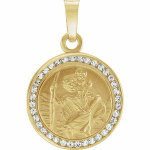 14K Yellow Gold Sale St. Christopher Pendant Medal Lab-Grown White Sapphires