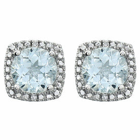 Sterling Silver 6mm AQUAMARINE & .015 ct tw Diamond Earrings Birthstone Jewelry