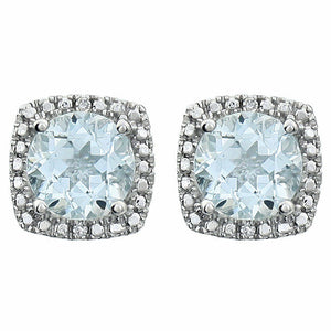 Sterling Silver 6mm AQUAMARINE & .015 ct tw Diamond Earrings Birthstone Jewelry