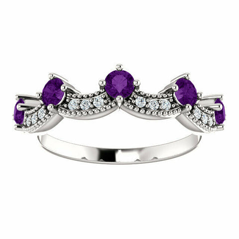 Image of SIZE 7 - Genuine Amethyst and .06 CTW Diamond Crown Ring in 14kt White Gold