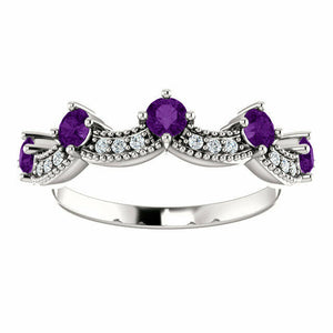 SIZE 7 - Genuine Amethyst and .06 CTW Diamond Crown Ring in 14kt White Gold