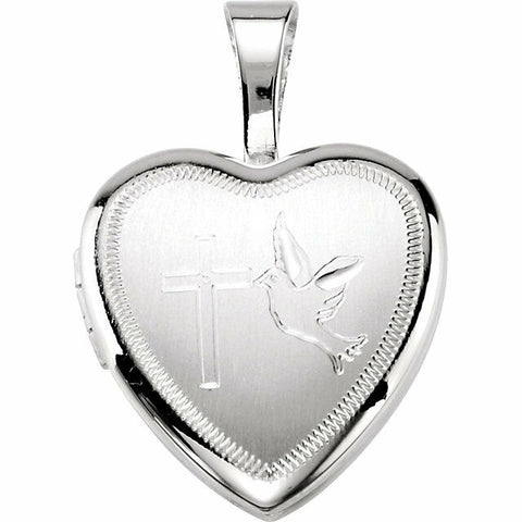 Image of Sterling Silver Cross and Dove Small Heart Locket 12 x 12.5mm New Religious