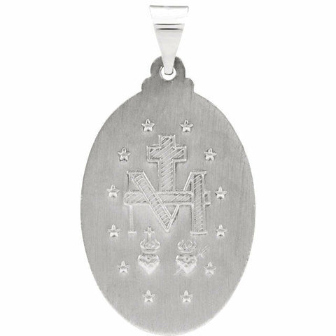 Image of 14K White Gold 25x18mm Oval Miraculous Mary Pendant Medal w/ Traditional Back