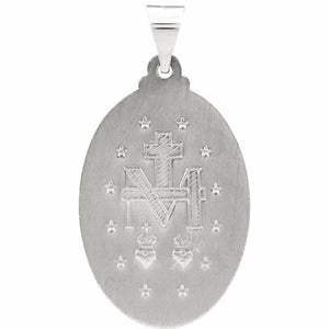 14K White Gold 25x18mm Oval Miraculous Mary Pendant Medal w/ Traditional Back