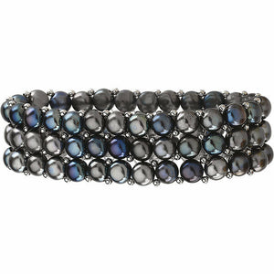 Black Button Freshwater Cultured Pearl Sterling Silver 3 Row Stretch Bracelet