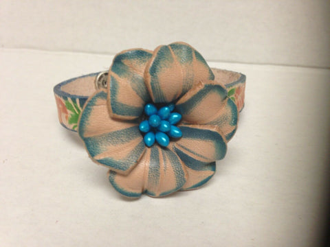 Image of Handmade Blue Flower Leather Bracelet with Two Snap Closure Unique Gift Idea